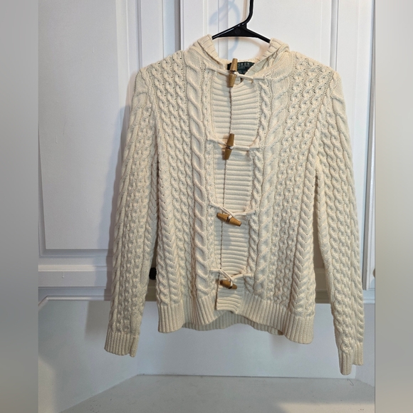 Lauren Ralph Lauren Petite Cream Cable Knit 100% Cotton Cardigan w/ Hood - Picture 3 of 4